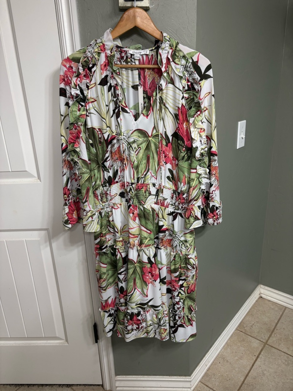 Chico's White Floral Ruffle Dress with Green & Pink Accents
